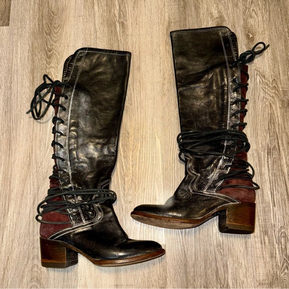 Freebird by Steven Coal Knee High Leather Lace Up Boots Distressed Boho Western - Picture 5 of 12